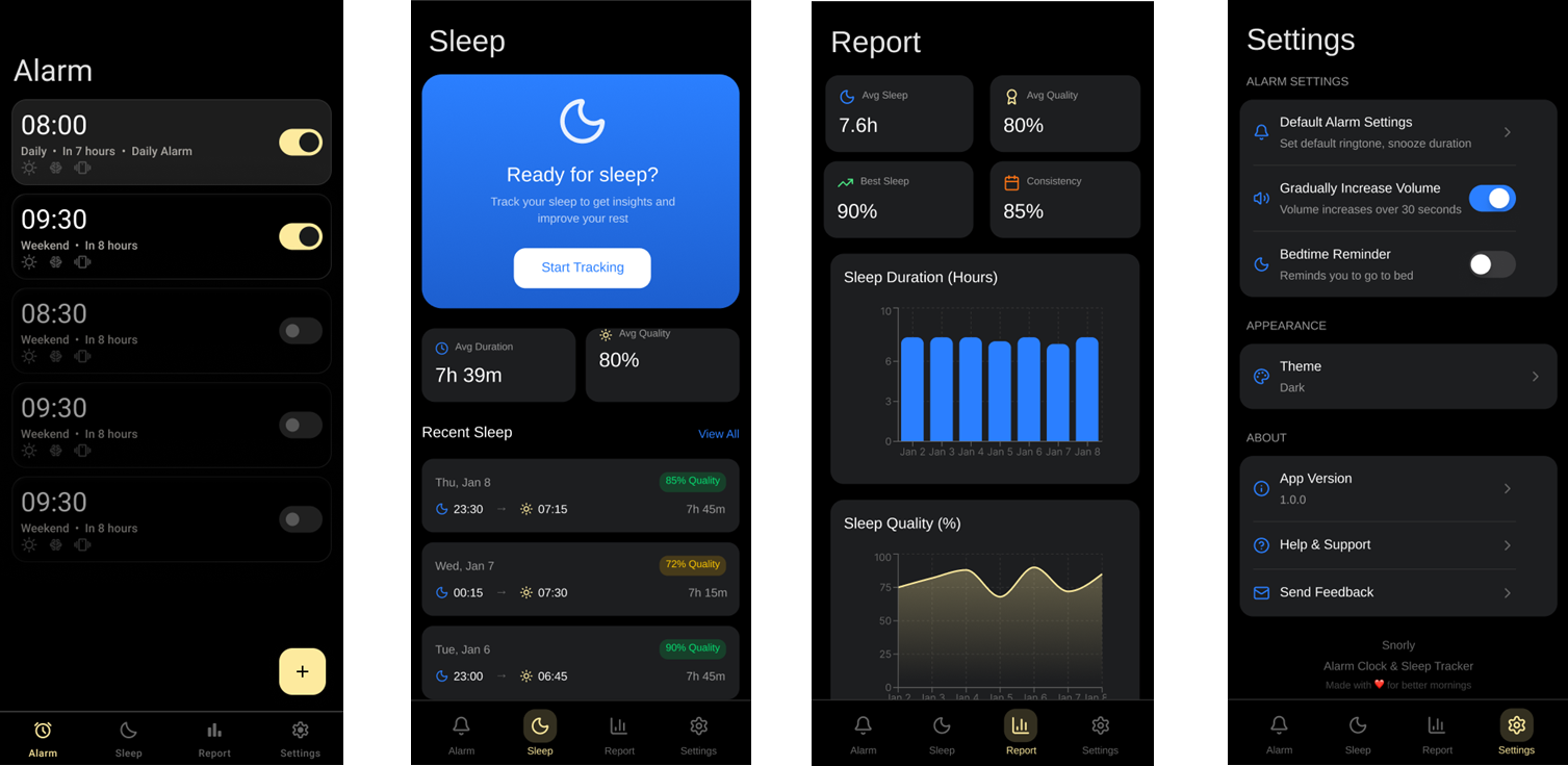 Snorly prototype screens (Alarm, Sleep, Report, Settings)